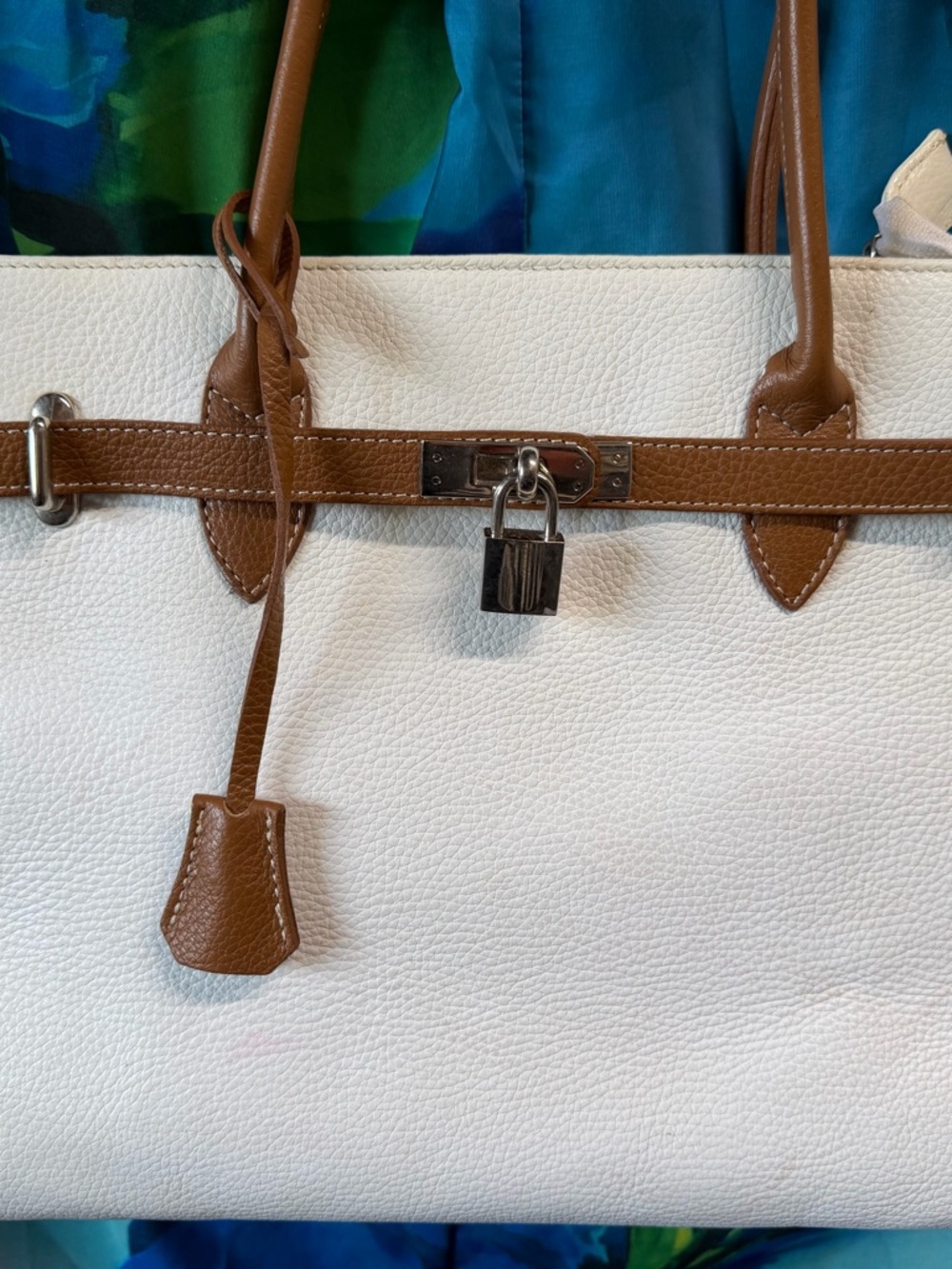 Diane B. Milano White and Brown Leather top handle bag w/lock and key
